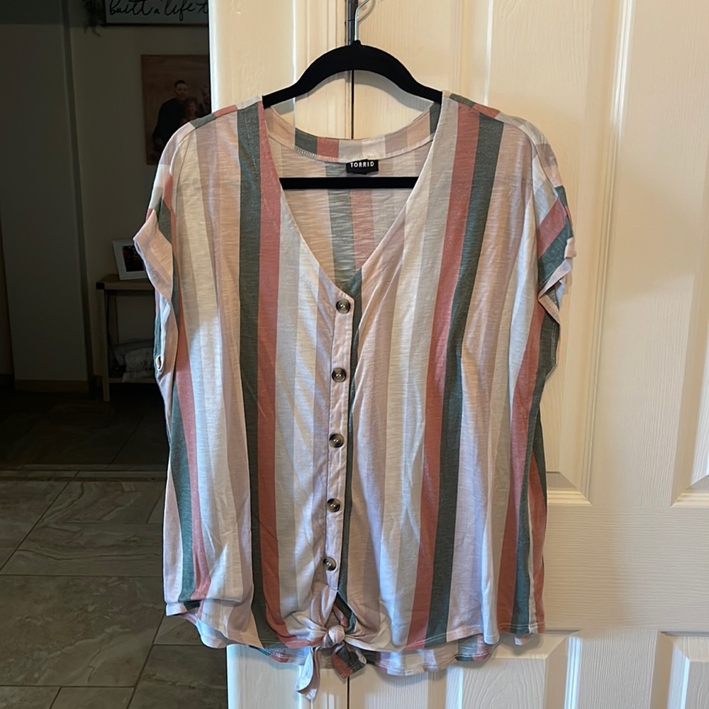 Torrid Striped Multicolored Blouse, button detail, stretch material, Size 2
